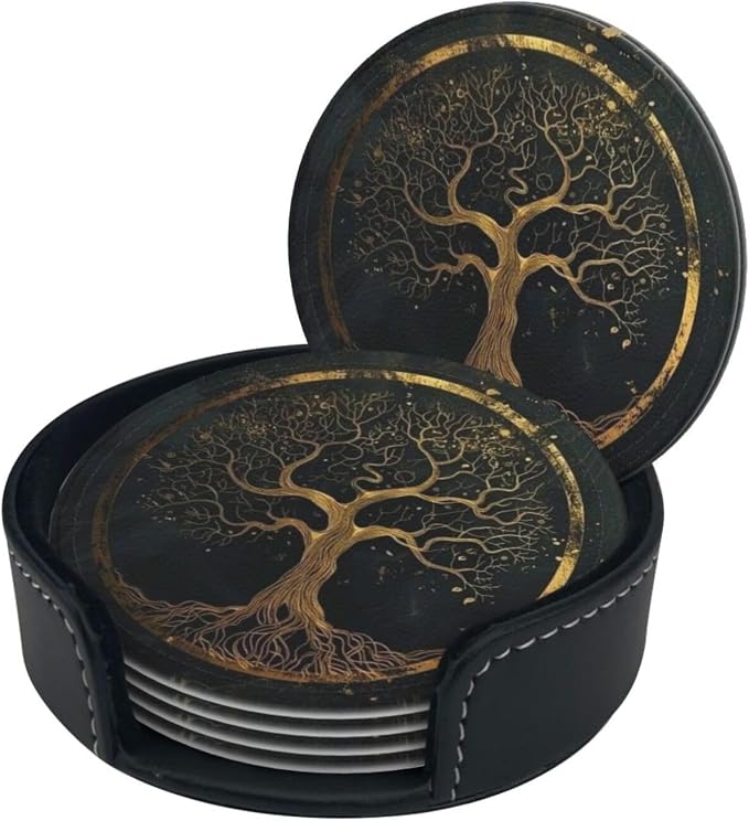 Drink Coasters with Holder Stand Set of 6, Marble Gold Tree of Life Pu Leather - Image 8