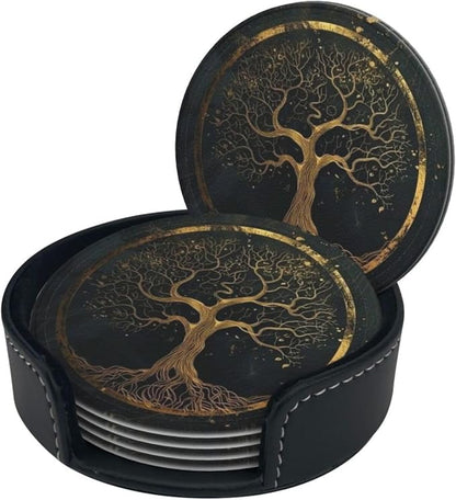 Drink Coasters with Holder Stand Set of 6, Marble Gold Tree of Life Pu Leather - Image 8