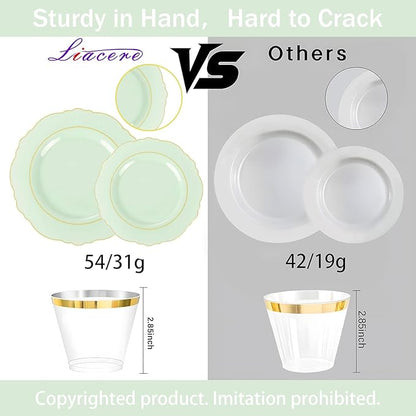 Liacere 350PCS Light Green Plates - Disposable Green and Gold Plastic Plates 50guest Baroque Dinnerware include 100Plates,50Pack Pre Rolled Napkins with Silverware 50Cups for Wedding ＆ Easter Day