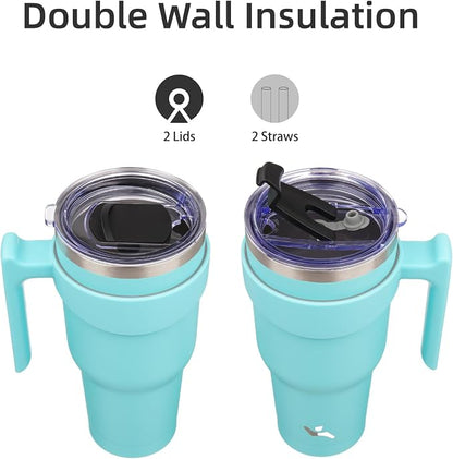 Konokyo 30 oz Tumbler with Handle and Straw, Insulated Travel Mug | Turquoise; - Image 3