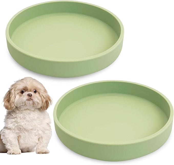 Silicone Dog Bowl Shallow Cat Food Bowls 7in Flat Puppy Plates Cute Whisker Fatigue Pet Feeding Dishes Set of 2 for Dry and Wet Food Indoor (Round Bean Green)