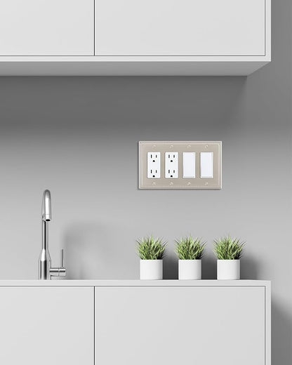 2-Pack Quad Decorator Outlet Cover Plate, Pearls Decorative Switch Plates and Outlet Covers, 4 Gang Brushed Nickel Metal Wall Plates, Corrosion Resistant