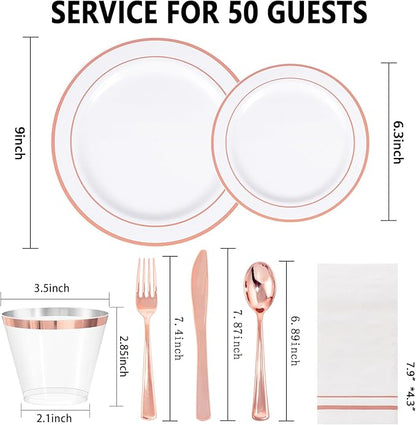 GATHER 350PCS Rose Gold Plastic Plates - Disposable Rose Gold Dinnerware Sets Includes 100 Gold Rimmed Plastic Plates, 150 Silverware, 50 Napkins, 50 Cups for Party, Wedding, Valentine's Day