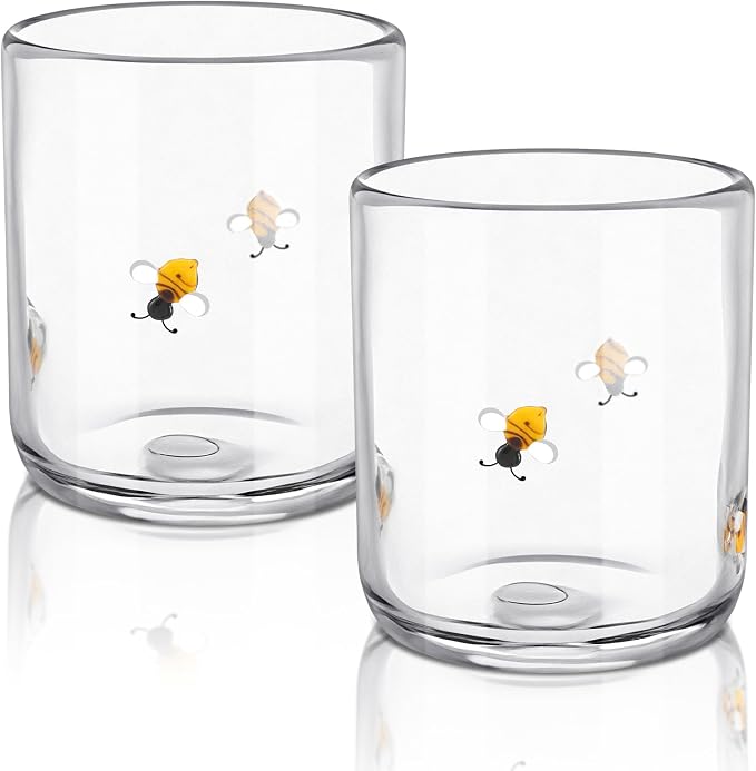 SiliFine 2 Pcs Bee Icon Juice Glasses - 14oz Yellow Bee Stemless Wine Drinking by SiliFine