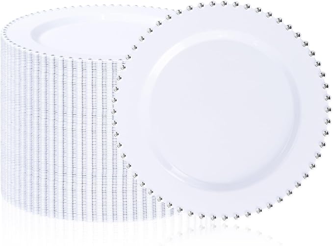 100Pcs White Plastic Dinner Plates Beaded Silver Plastic Plate Set | Heavy Duty by supernal