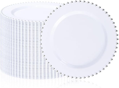 100Pcs White Plastic Dinner Plates Beaded Silver Plastic Plate Set | Heavy Duty by supernal