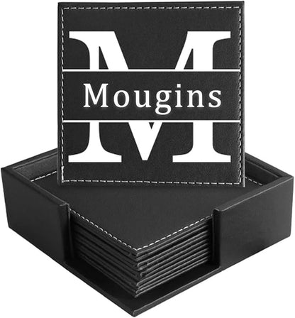 Personalized Coasters, Custom Set of 6 Leather Coaster by Mougins