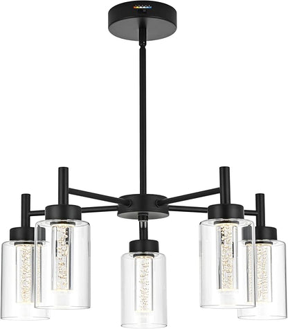 VINLUZ 5 Light LED Modern Pendant Lights, Classic Black Chandelier with Crystal Bubble Clear Glass Shade Indoor Kitchen Island Lights Fixtures for Dining Room Cafe Bar