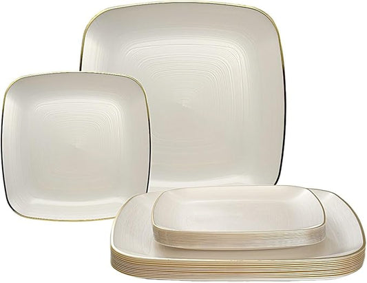" OCCASIONS " 50 Plates Pack (25 Guests)-Wedding Party Disposable Plastic Plate Set -25 x 10'' Dinner + 25 x 7'' Salad & Dessert plates (Belize Square in Ivory & Gold)