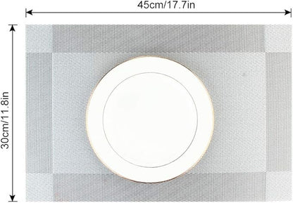 DACHUI Placemats Set of 6, Linen Look Woven Place Mats, Water Resistant, Heat Resistant, Washable, Durable Table Mats (Silver Grey)