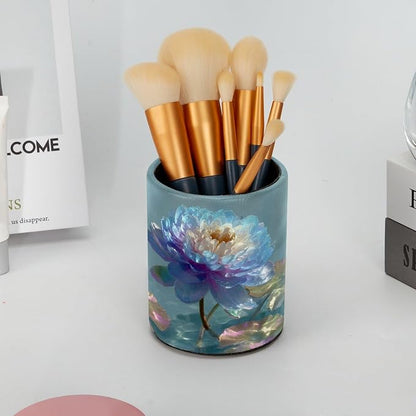Leather Pen Holder for Desk, Water Lily Pencil Cup Pen Organizer Makeup Brush - Image 6