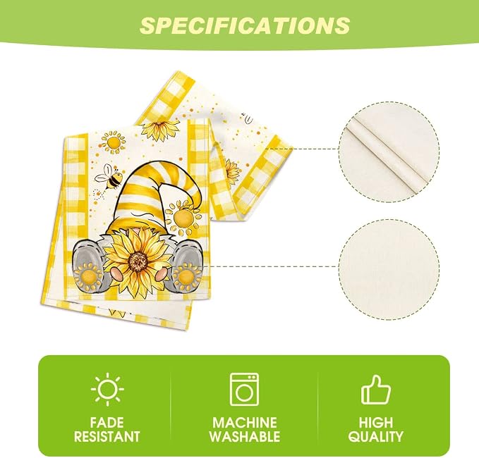 Artoid Mode Yellow Buffalo Plaid Sunflower Gnome Bee Summer Table Runner - Image 5