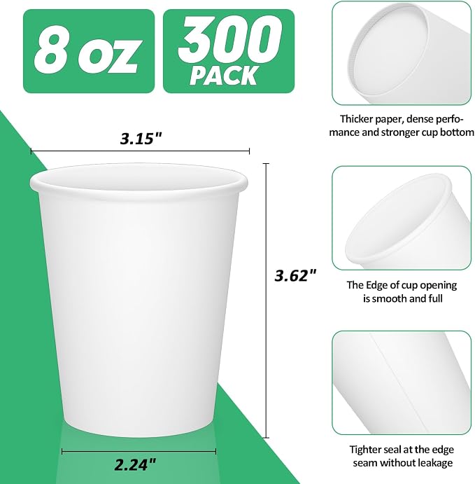 RAZCC 8 oz Paper Cups, 300 Pack 8oz Disposable Paper Coffee Cups, Coffee Cups 8 - Image 2