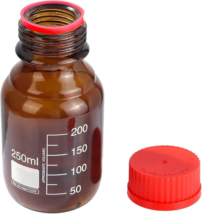 10 Pieces Amber Glass 250 mL Graduated Round Lab Reagent Media/Storage Bottle With GL45 Red Screw Cap