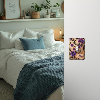 Purple Flowers on Wood Grain Patterned Metal Light Switch Plate, Switch Plate Cover, Wall Plates, UL Listed, CSA Approved