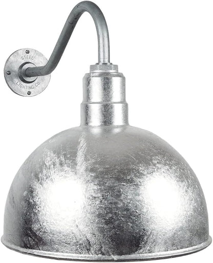 Steel Lighting Co. Hollywood Bowl Light | Outdoor Wall Mounted | 15 inch Bowl Dome | 16 inch Gooseneck | Barn Light Made in America | Galvanized Exterior/Galvanized Interior