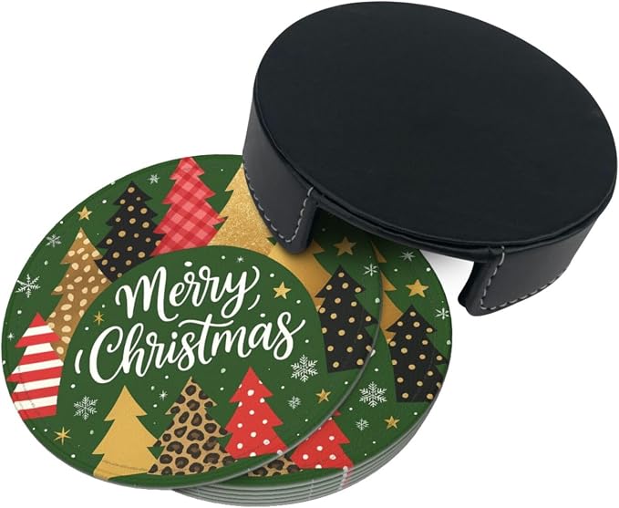 Vintage Green Christmas Tree Plaid Print Coasters - Image 7