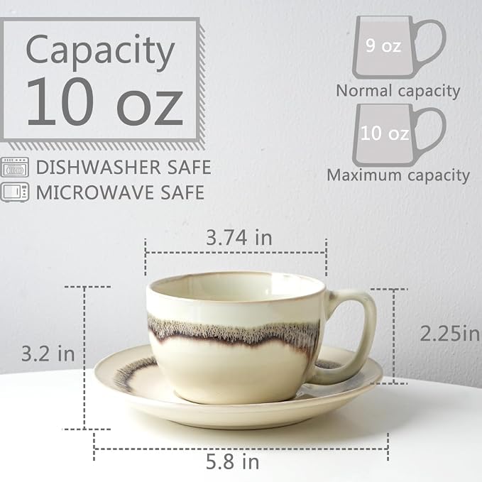 Bosmarlin Ceramic Cappuccino Cup and Saucer Set of 2, 10 Oz, Dishwasher and - Image 2