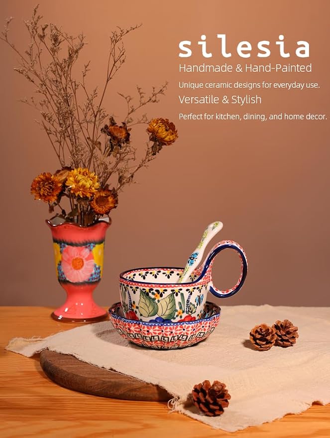 silesia Handmade Loop Handle Soup Bowl, Plate and Spoon Set Ceramic Hand - Image 5
