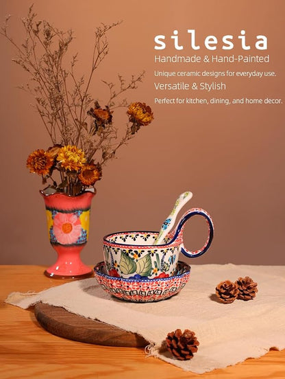 silesia Handmade Loop Handle Soup Bowl, Plate and Spoon Set Ceramic Hand - Image 5