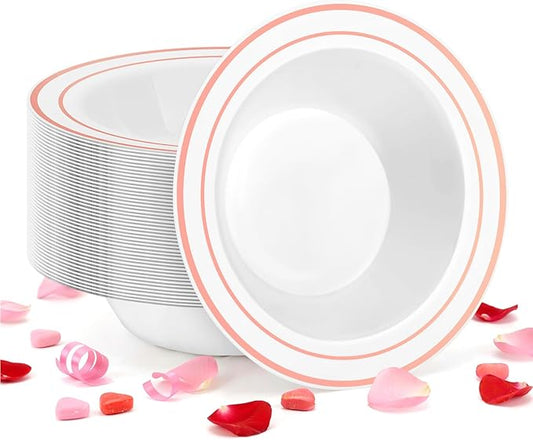 BESTSTAR 50 Pack Disposable Soup Bowls with Rose Gold Rim, 12oz Premium Heavy Duty Plastic Dinner Bowls for Party, Valentine's Day, Wedding and Holiday