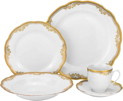 Euro Porcelain 20-pc Luxury Dinnerware Set with Scalloped Edges 24K Gold Ornament, HQ Dining Tableware Service for 4