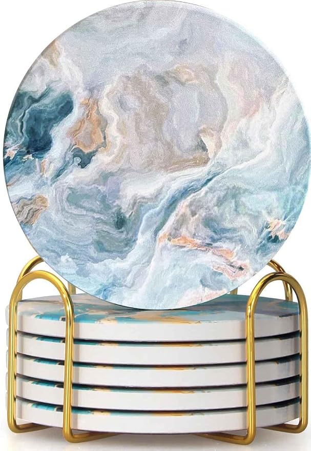 Drink Coasters with Holder 6 Pack, Ceramic Marble Style, Absorbent Abstract by Brillirare