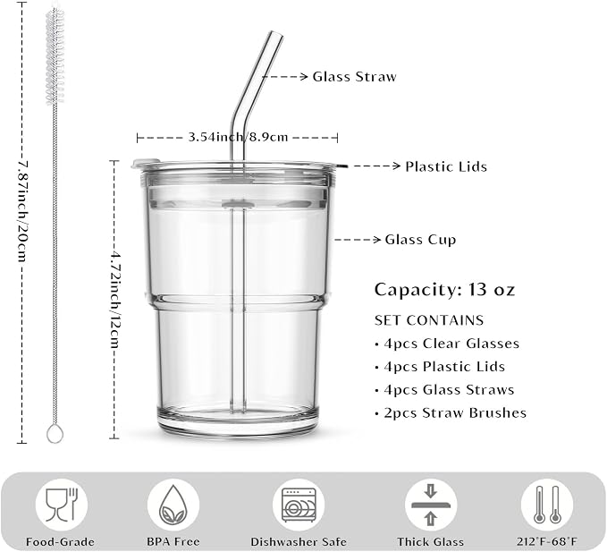 INSETLAN 13 oz Portable Glass Tumblers Set of 4, Thick Wall Glass Cups - Image 3