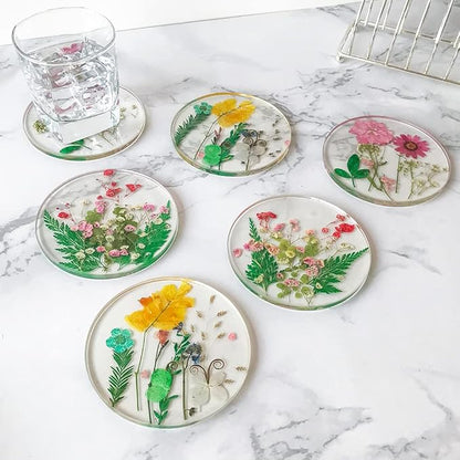 Floral Coasters for Drinks: Handmade Resin Coasters Tabletop Protection Cup Mat Round Coaster Set with Real Flower for Women Coffee Table Home Decor （Set of 6）