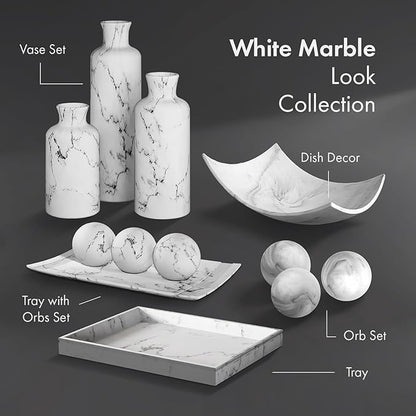 Creative Scents White Marble Look Home Decor Tray and Orb Set Coffee Table Decor for Living Room Centerpiece Table Decorations for Dining Table, Kitchen, Foyer, Entryway Elegant House Decoration