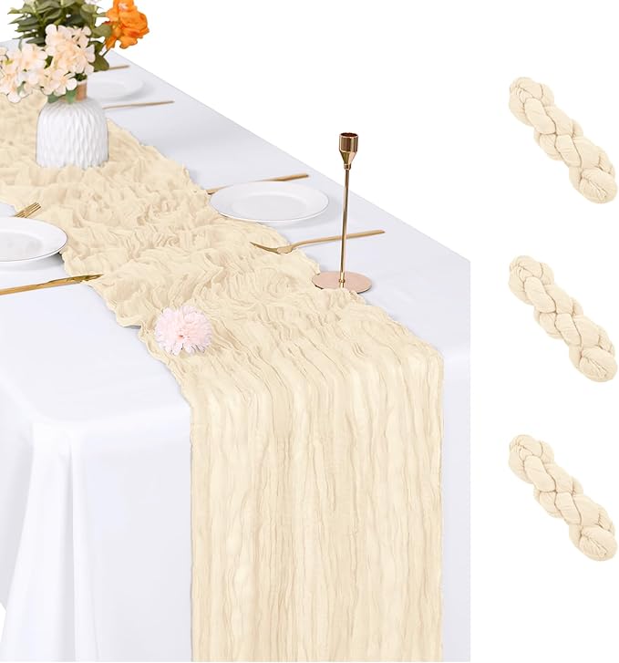 3 Pack Ivory Cheesecloth Table Runner, 17 x 108 inch, Semi Sheer Boho Cheese by ACSUIT