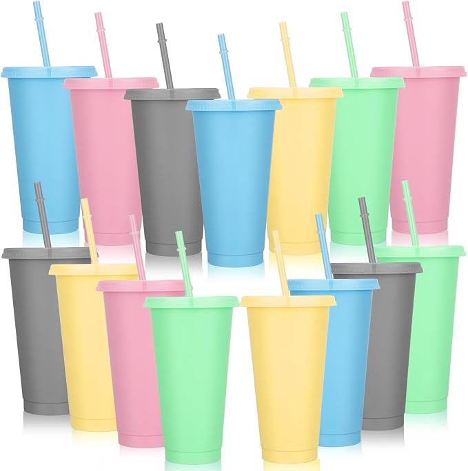 Bokon 15 Sets Tumbler with Straw and Lid Bulk 24 oz Reusable Plastic Cups to Go by Bokon