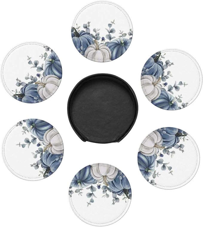 6 Pcs Blue White Pumpkins Leather Coasters - Image 7