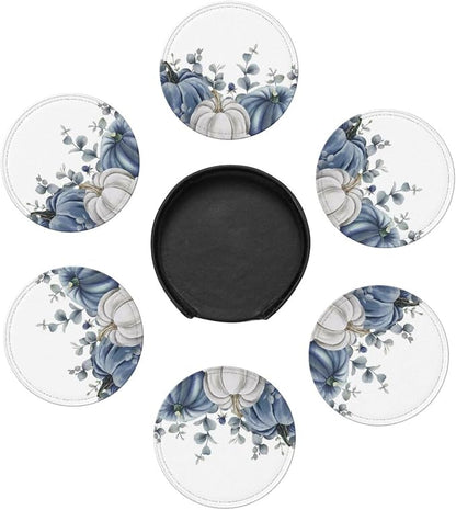 6 Pcs Blue White Pumpkins Leather Coasters - Image 7