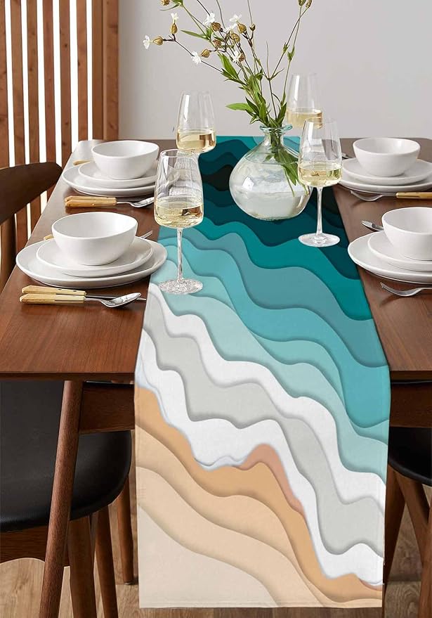 Turquoise Geometric Beach Table Runners 90 Inches Long, Cotton Linen Fabric - Image 2