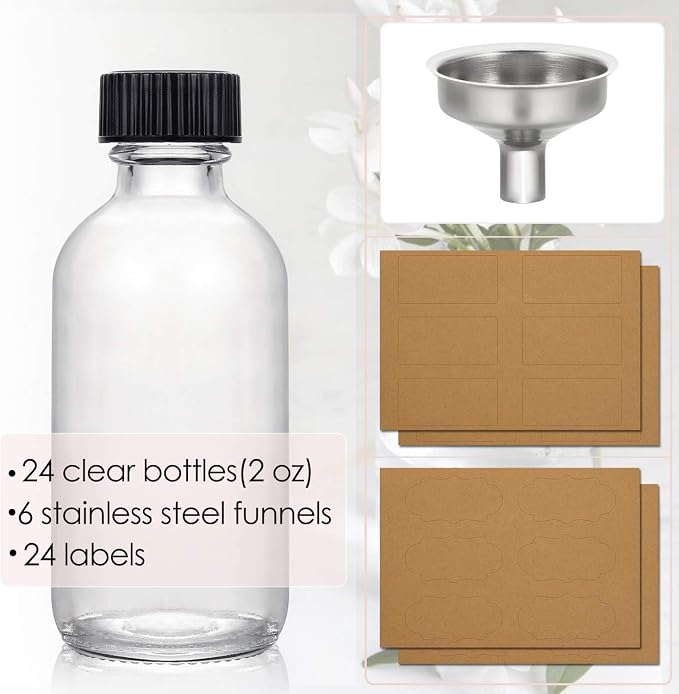24 Pack, 2 oz Small Clear Glass Bottles w/ Lid & 6 Stainless Steel Funnels - - Image 2