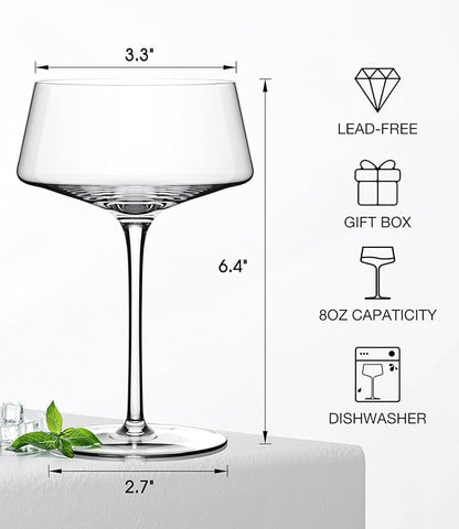 LUNA & MANTHA Coupe Glasses Set of 4, Martini Glasses Hand Blown Premium Crystal Cocktail Glassware for Manhattan, Margarita, Espresso Martini, Birthdays, Housewarming Gift,8oz Clear