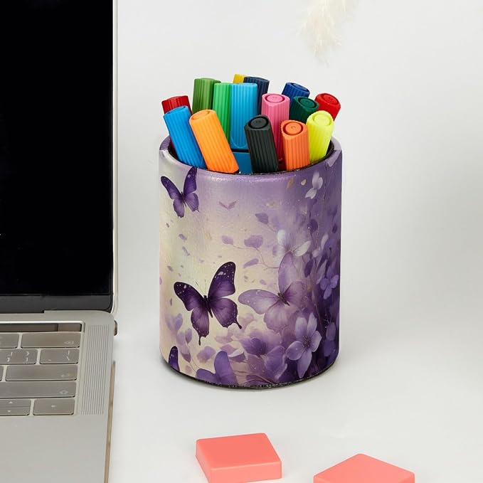 Leather Pen Holder for Desk, Butterfly Floral Pencil Cup Pen Organizer Makeup - Image 5
