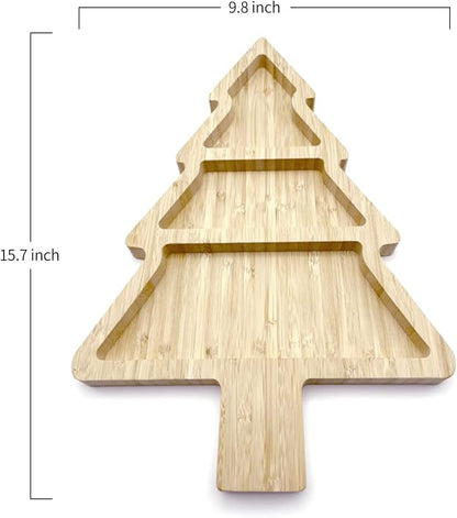 Bamboo Serving Platter, Multiple Spaces Reusable Bamboo Plates, Novel Shape Charcuterie Board Set with Knife & Fork, Fruit, Bread, Salad Plate for Christmas Thanksgiving (Christmas Tree)