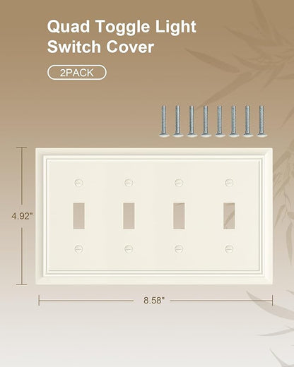 2-Pack Quad Toggle Light Switch Cover Plate, Almond Decorative Switch Plate Covers, Natural Bamboo Fiber 4 Gang Wall Plate for Toggle Light Switch and Rotary Dimmer Switch