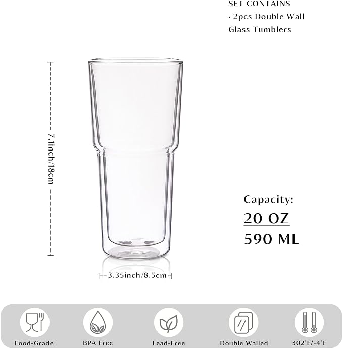 INSETLAN 20oz Double Wall Glass Cups Set of 2 – Borosilicate Glass Tumblers - Image 3