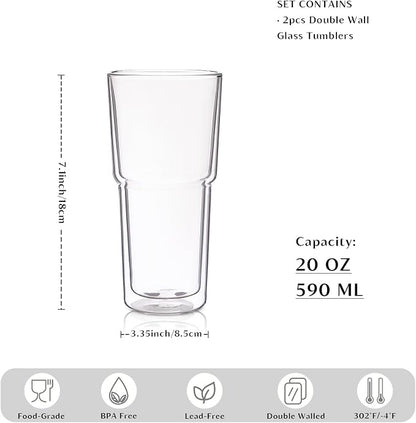 INSETLAN 20oz Double Wall Glass Cups Set of 2 – Borosilicate Glass Tumblers - Image 3