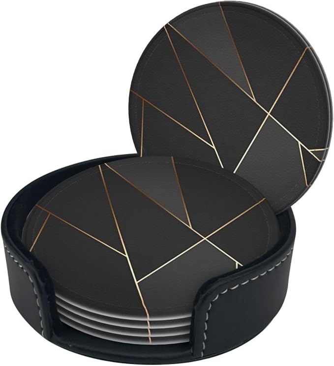6 Pcs Black Gold Trim Pattern Leather Coasters - Image 3