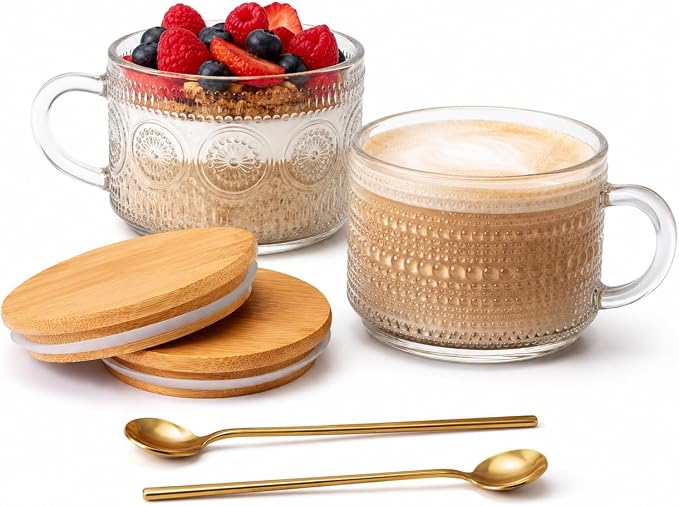 Semderm Vintage Glass Coffee Mugs Set of 2, Overnight Oats Containers - 14oz by Semderm