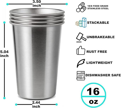 8 Pack 16oz Stainless Steel Pint Cup,Healthy Unbreakable and Stackable,Metal Drinking Glasses