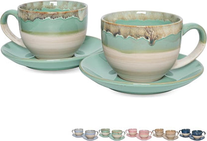 Bosmarlin Ceramic Cappuccino Cup and Saucer Set of 2, 10 Oz, Coffee Cups by Bosmarlin