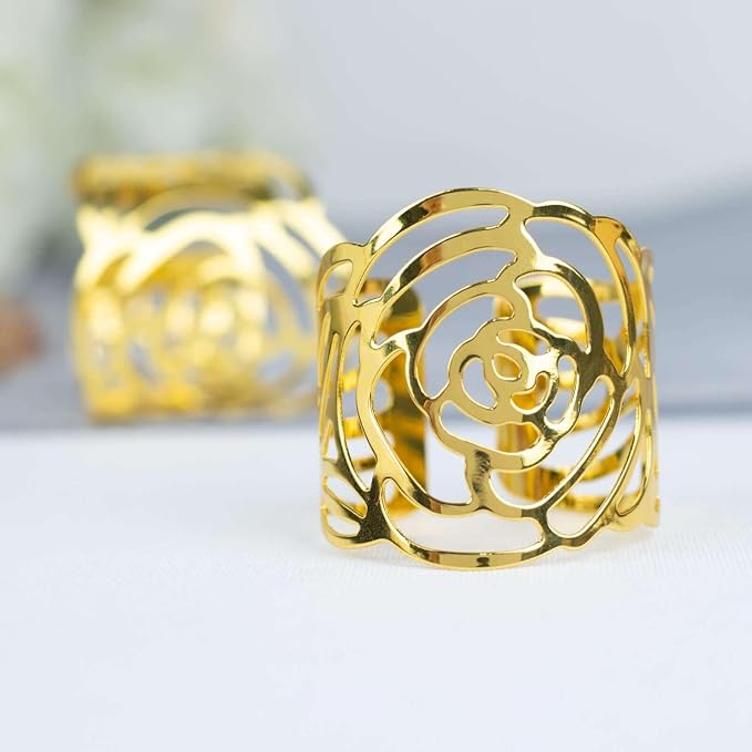 Efavormart 4 Pack | Shiny Gold Laser Cut Rose Metal Cuff Napkin Rings, - Image 9
