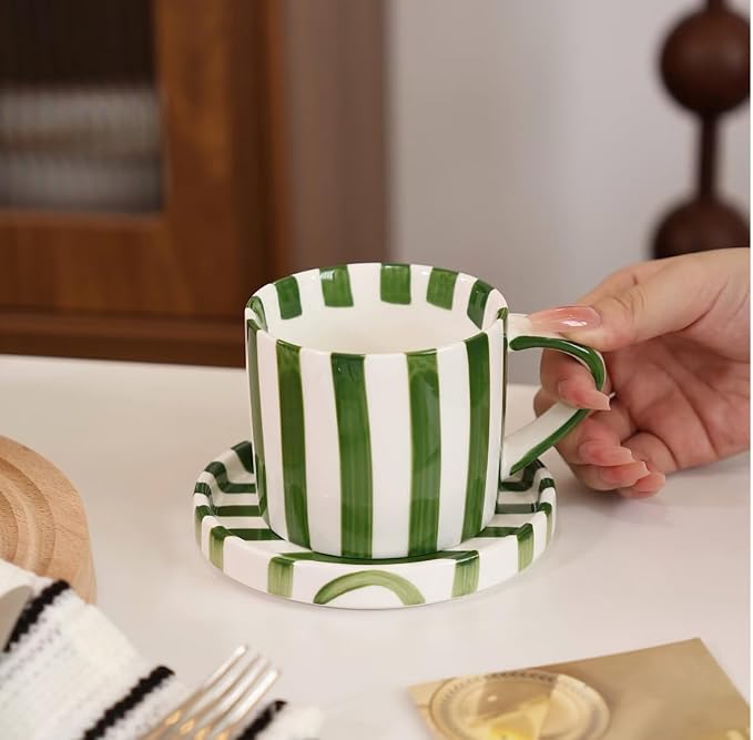 Cup and Saucer Set Hand-Painted Green Stripes, 8 Oz Ceramic Coffee Mug - Image 4
