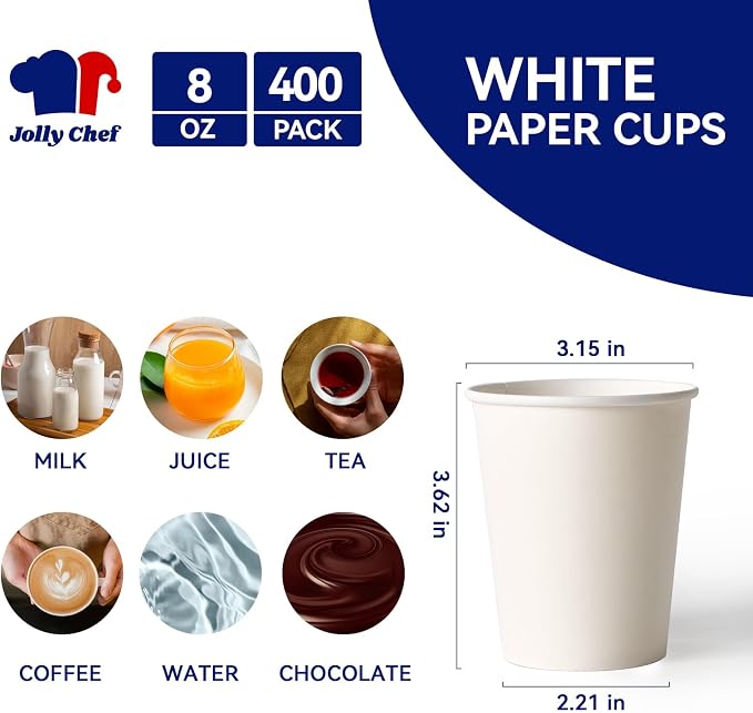 JOLLY CHEF 400 Pack 8 oz Paper Coffee Cups, Water Juice or Tea, Suitable - Image 2