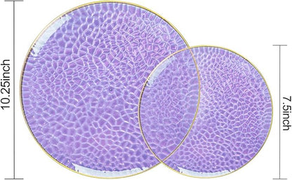 Rubtlamp 60Pcs Clear Purple Gold Plastic Plates, Purple Disposable Plates With Gold Rim, Hammered Plastic Plates Include 30 Clear Dessert Plates, 30 Dinner Plates for Party